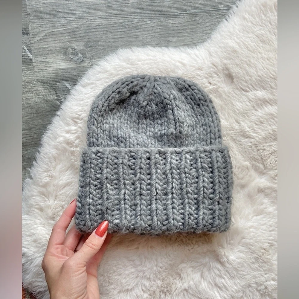 Grey beanie chunky braided knit wide fold over winter hat accessories OSFM